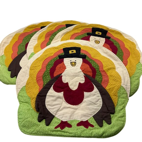 Handmade Set Of 4 Thanksgiving Turkey Quilted 3D Textured Placemats Patchwork - Picture 1 of 9